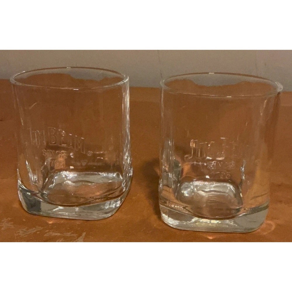 Set Of 2 Jim Beam Whiskey Glasses Square Base Heavy‎ Embossed Since 1795